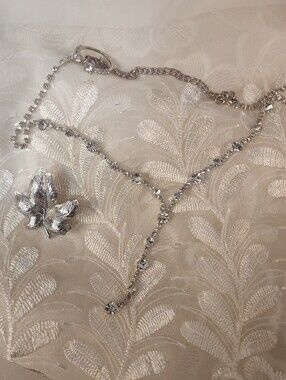 Vintage Jewelry Set: Crystal Encrusted Necklace, Silver Brooch & Accent Ring